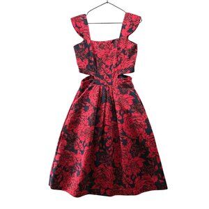 The Missing Piece Aria Cut Out Dress Womens 6 Red Black Floral Jacquard TMP